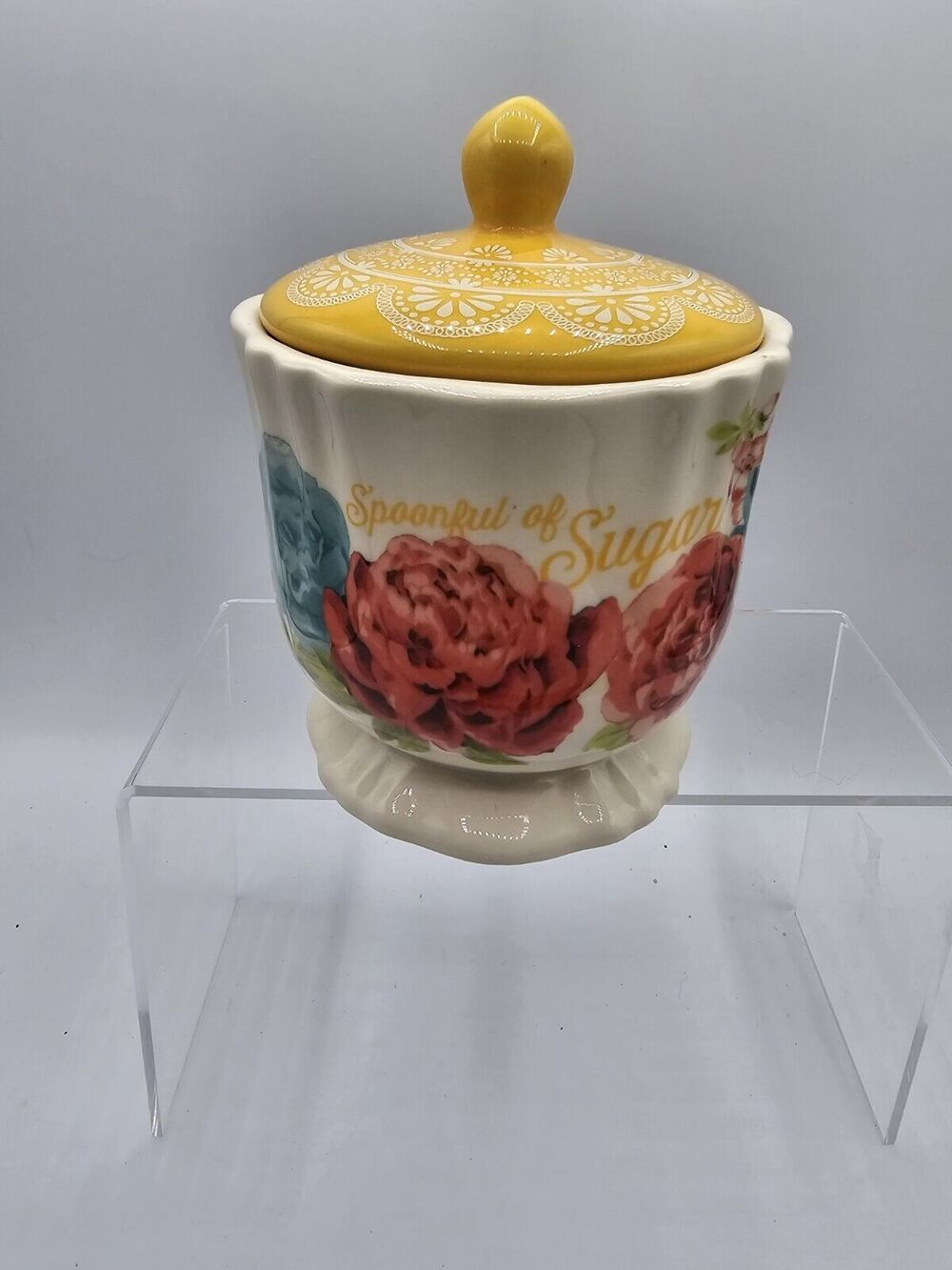 Pioneer Woman Blossom Jubilee "Spoonful of Sugar" lidded sugar jar peonies lace
